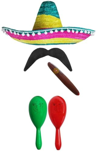 MEXIKANSK FANCY TRÄDGÅRDSTILLBEHÖR. MEXIKAN SOMBRERO + MARACAS + TASH. Perfekt för mekanisk fancy klänning Costumes SenORITA BANDIT MARIACHI (flerfärgad POM POM SOMBRERO + grön och röd maracas)
