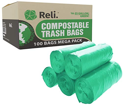 Reli. Compostable 16-25 Gallon Trash Bags | 100 Count Bulk | ASTM D6400 | Green | Eco-Friendly | For Compost
