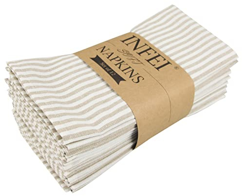 INFEI Plain Striped Cotton Linen Blended Dinner Cloth Napkins - Set of 12 (40 x 30 cm) - for Events & Home Use (Beige)