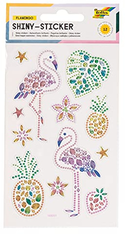 folia 18302 - Shiny Sticker, Flamingo, 12 Sticker, aus bunten Strasssteinen, in verschiedenen Motiven, einfach von der Folie abzuziehen, Bunt