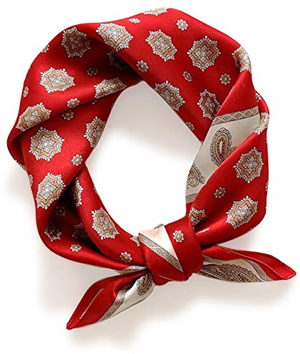 PoeticEHome 100% Real Mulberry Silk Women Small Square Neck Scarfs 21 Lightweight Neckerchief Printed Headscarf Gift Packed (G1 - Red Passion)
