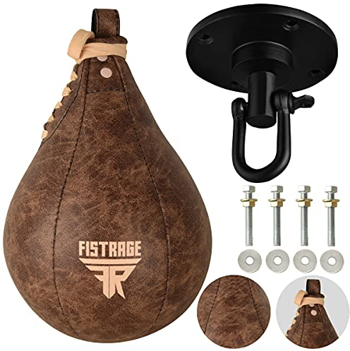 FISTRAGE Boxball aus Leder für MMA, Muay Thai, Training, Boxen, Dodge Striking Kit mit hängendem Drehgelenk, Workout, Speedball, Kicking Plattform Ausrüstung (Vintage Beige)