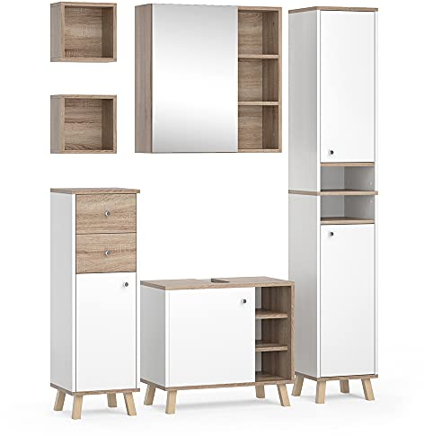 Vicco Badmöbel-Set Weiß Senyo, bestehend aus Bad Spiegelschrank, Waschbeckenunterschrank, Hochschrank, Midischrank, Badregal x2 - Zeitloses Design passend zu jedem Einrichtungsstil