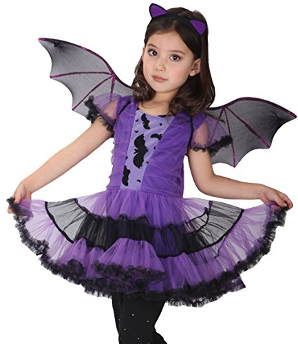 Déguisement Fille Chauve-Souris Carnaval Costume Robe de Déguisement avec Ailes Cosplay Halloween Spectacle Toussain Soirée, Violet, Taille L EU