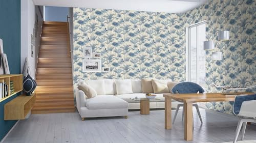 Rasch Tapeten 555127 - Vliestapete mit tropischen Pflanzen in Blau und Beige aus der Kollektion Lirico - 10,05 m x 0,53 m (LxB)