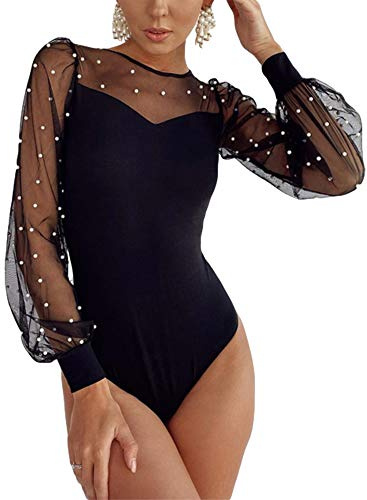 YILEEGOO Women's Pearl Sheer Mesh Puff Long Sleeve Bodysuits Rhinestone See Through Romper Leotard Tops Blouses (Black, M)