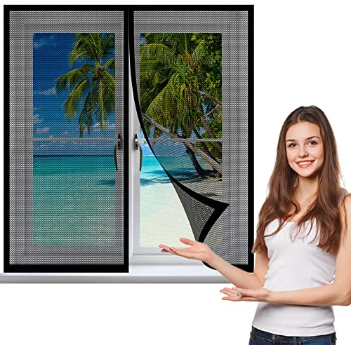 Fliegengitter Fenster Magnet 50 x 110 cm, Insektenschutz Klettband Fliegengitter Fenster mit Klettband, Auto Schließen Faltbar für Alle Arten von Fenstern, Schwarz