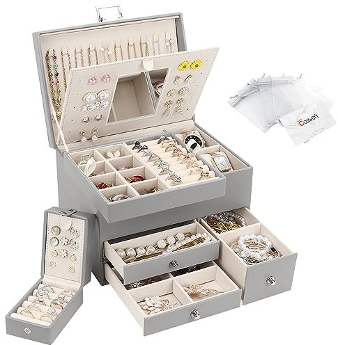 Casiwaft Smyckeskrin, 3 lager stort PU-smyckeförvaringsfodral med bärbart resväska, smyckeskrin med avtagbar bricka och spegel för halsband, örhängen, ringar, klockor, grå