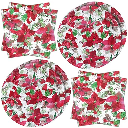 ZVK Vajilla de fiesta, Juego de Platos, Servilletas 40 piezas Flores de Navidad Juegos de vajilla para fiestas de papel Juegos de cubiertos desechables para Navidad, Año Nuevo