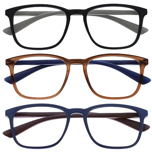 OPULIZE Max Lesebrille 3er Pack - Klassische große rechteckige Fassung - Brillen in mattem Schwarz, Braun und Blau - Herren Damen Unisex - RRR78-123 - +1,50
