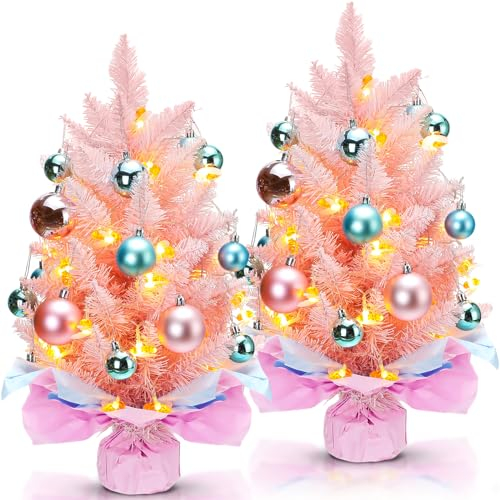 Liliful 2 Stück 61 cm rosa Tisch-Mini-Weihnachtsbaum kleine künstliche Weihnachtsbäume mit Lichtern und Ornamenten LED künstlicher Weihnachtsbaum für Weihnachtsdekorationen Zuhause Küche Esstisch