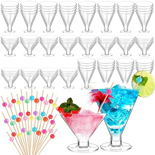 Sliner 200 Pcs Clear Plastic Martini Glasses and Multicolor Pearl Cocktail Picks Toothpicks for Appetizers 5 oz/6 oz Disposable Plastic Cups Unbreakable Cocktail Shooters for Party Wine Drinks Dessert