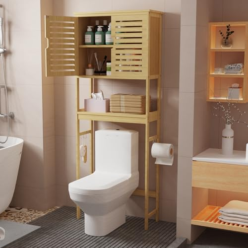 UNHO Mobile Sopra Lavatrice Bagno: Mobile Sopra WC in Bambù Scaffale Salvaspazio Mobiletto Portaoggetti con Ripiani Mensole Regolabile 63x26x174 cm