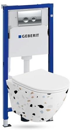 Duofix - Elemento básico de pared + fregadero profundo para inodoro Sofi Slim Stone sin bordes + placa de control Delta 25 | Botón cromado | Juego completo | Cisterna empotrada | Inodoro completo