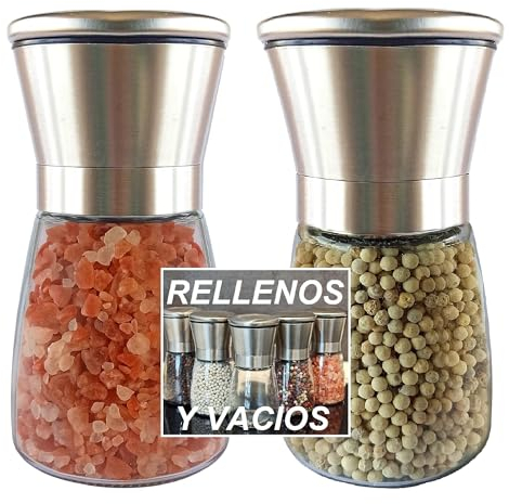 Molinillo de Pimienta, Empresa Nacional, Molinillo Especias 160ML x2, Molino Pimienta, Pimentero Salero Especias, Grano Ajustable, Núcleo Cerámico, Inox y Cristal, Rellenos y Vacíos.