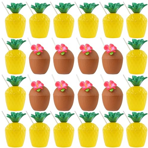 I LOVE FANCY DRESS Reusable Plastic Coconut & Pineapple Cups With Paper Straws - Perfect for Parties, Picnics, BBQs, or Any Summer Event