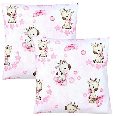 TupTam Kinder Kissenbezug Dekorativ Gemustert mit Hotelverschluss 2er Set, Farbe: Giraffe/Punkte/Rosa, Größe: 50 x 50 cm
