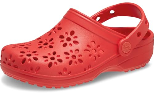 Crocs Unisex-Child Classic Clogs with Floral Cut Out Design, Kids and Toddler Shoes, Cherry Red, 13 UK Child