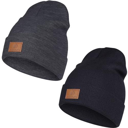 HAMUNI Beanie Mütze Herren Damen Klassische Wintermütze Acryl Beanie Hat | Leatherpatch Strickmütze Unisex Cuffed Hat Bequem Atmungsaktiv Weich Vintage Einfarbig Strick Beanies Winter Warme Geschenke