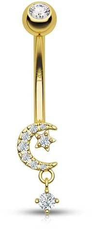CM Crareesi Mania Barras de Ombligo Lunares de Oro Sólido 14K Joyería de Piercing de Ombligo Zirconia Cúbica Anillos de Ombligo 14G Anillos de Ombligo de Oro Amarillo para Mujer