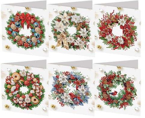 Starnearby 6 Stück DIY Diamond Painting Weihnachtskarte Mit Umschlag Diamant Painting Karten Grußkarten Handgefertigte Geschenkkarte Strass Handwerk Grußkarte (Weihnachtskränze)