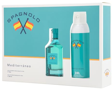 SPAGNOLO - Mediterráneo Colonia 75ml + Deo 200ml, Estuche de Regalo Hombre, Pack 2 Productos, Perfume Formato Spray, Eau de Toilette Natural y Masculina, Aroma Amaderado Aromático, Fragancia Fresca