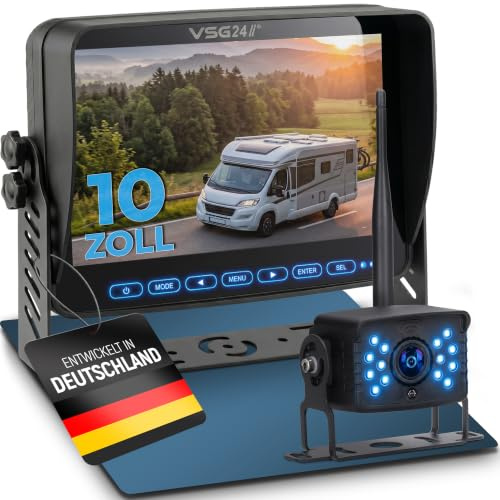 VSG24 Element Wired HD XL – Wetterfestes 10 Zoll HD Funk-Rückfahrkamera Set – IP68 Kamera – 21 m Reichweite – Loop-Aufnahme – Distanzlinien
