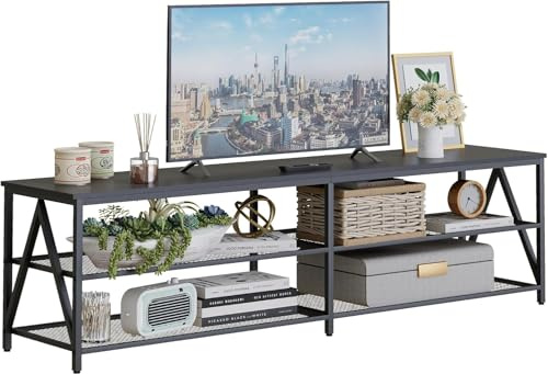 TV-Schrank, Fernsehtisch, Lowboard für Fernseher bis zu 70 Zoll, Fernsehschrank mit 3 offenen Fächern, TV-Regal für Wohnzimmer Schlafzimmer, 180 x 40 x 50 cm, Industrie Design, Stahlgestell, Schwarz