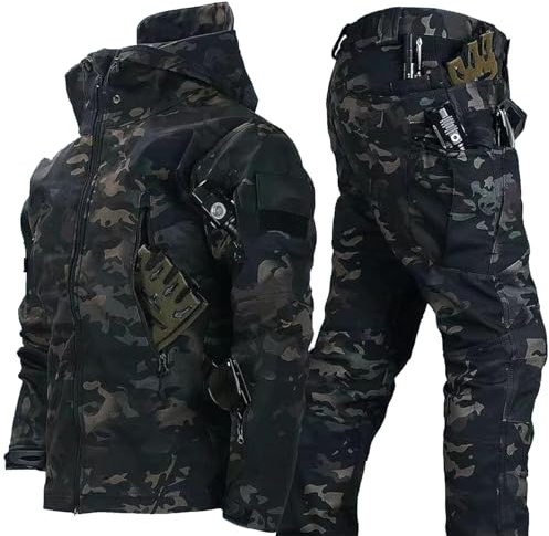 TAUIANE Traje De Nieve para Snowboard De 2 Piezas Ropa Militar Traje De Combate Chaqueta Y Pantalones TáCticos Impermeable Ropa De Abrigo De Invierno para Hombre Senderismo,Black Camo,M