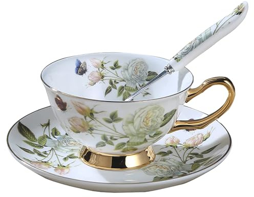 YAIUNHIQ Set di Tazze e piattini in Stile Europeo, Tazza da tè, Tazza da tè e piattino in Porcellana da 7 Once, Tazza da caffè, Set da tè