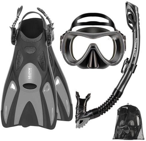 OutdoorMaster Mobula Schnorchelausrüstung für Erwachsene,Maske Flossen Schnorchel Set mit Panoramablick Anti-Fog, Dry Top Scuba Gear zum Schwimmen Schnorcheln Tauchen - Grau Schwarz,S/M