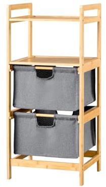 Wintem Portabiancheria in Bambù con 2 Cestini e 2 Ripiani 90x38x30cm - Ripiani Ampi e Robusti con Capacità di Carico 6kg - Resistente ed Ecologico Salvaspazio per Cucina, Bagno o Lavanderia