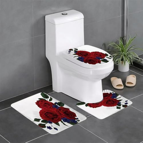 KGDHY Badezimmermatten-Sets 3-Teilig,schöne Romanze mit roten Rosen und Blättern. Blumenarrangement.,Bad und WC-Vorleger-Set,rutschfeste Badezimmerteppiche wasserabsorbierende