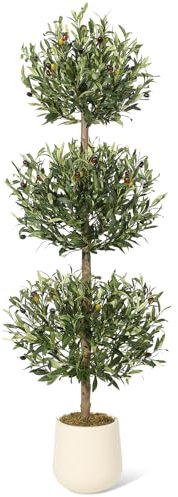 Árboles topiarios artificiales de triple bola de olivo artificial de 5 pies con musgo y maceta interior, arbustos falsos realistas para interiores y exteriores, plantas sintéticas, arbustos redondos