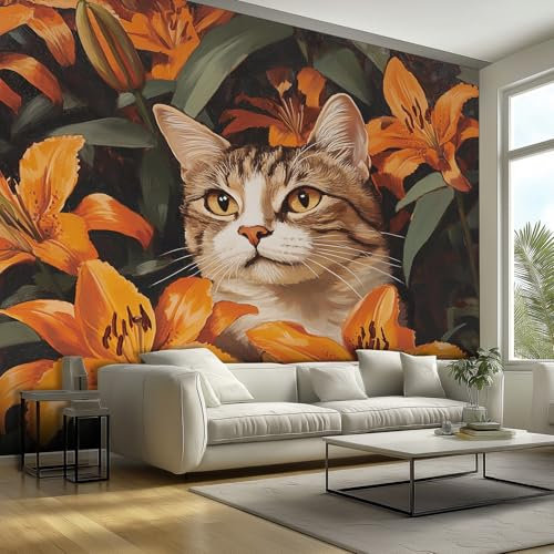 Generisch Fototapete Wanddeko Wandbild Katze, 350x256 Blumen Orange Lilien Motivtapeten Wandtapete, Vliestapete Panorama Poster Wanddeko, Küche Wohnzimmer Schlafzimmer