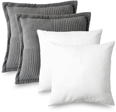 HIG 2er Set Kordsamt Sofakissen 40x40 cm – mit Füllung & Bezug – Weiche Dekokissen fürs Bett und Sofa, Wohnzimmer, Schlafzimmer & Balkon – Flauschig, Grau Kissen mit Verstecktem Reißverschluss