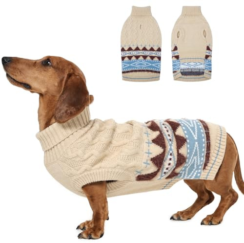 MIGOHI Warm Dachshund Sweater for Chilly Days, Thick Dog Sweater, Beige, M | Sweaters for Dachshund Dogs Girl, Lightweight Sleeveless Winter Christmas Knitwear with Leash Hole for Wiener Free Movement
