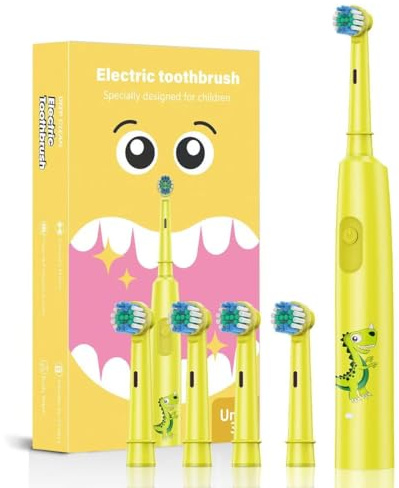 Kids Electric Toothbrushes 6-12, Rechargeable rotational Baby Electric Toothbrush 3-5 with Timer, 3 Modes lPX7 Waterproof Fun & Easy Cleaning with 4 Soft Bristles rotational Brush Head (Yellow)