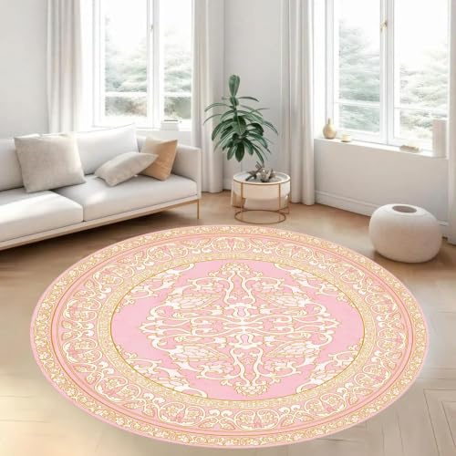 ZLXMN Rosa Runder Teppich 90cm Klassischer Vintage-Boho-Teppich GroßEr Kreis Flächenteppich füR Schlafzimmer Weich Maschinenwaschbar Rosa Blumenteppich füR Wohnzimmer Esszimmer FußMatten