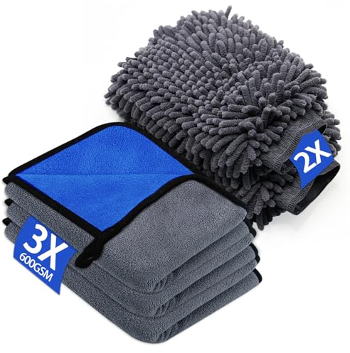 YSWOVUO Kit Pulizia Auto con 3 Pezzi Panno Microfibra Auto e 2 Pezzi Guanto Lavaggio, 600 GSM Panno in Microfibra per Super Assorbenti, Senza Graffi per Cura Moto (40 x 30 cm)