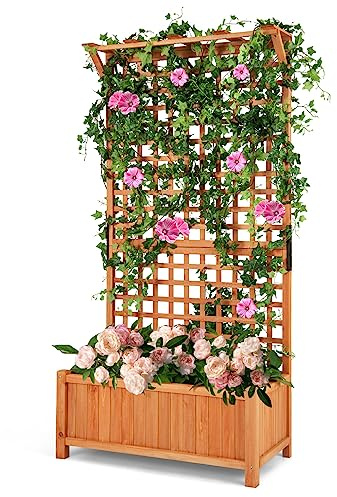 HOMASIS Cama de Jardín Elevada con Enrejado y Techo, Jardinera de Madera Alta y Independiente con Agujeros de Jrenaje, Trepadora para pPantas de Celosía para Terraza, Patio (Orange, 90x44,5x183,5cm)