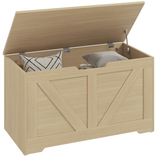 HOMCOM Baule portaoggetti da 100L, Cassapanca con 2 cerniere di sicurezza e maniglia con taglio a forma di U, scatola organizer per soggiorno, ingresso, 80 x 40 x 45 cm, finitura in legno naturale