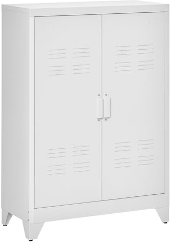 HOMCOM Aktenschrank mit Lamellen-Doppeltür 75x33x110cm Weiß | Verstellbarer Einlegeboden, Metallschrank, Mehrzweckschrank, Büroschrank, Aufbewahrungsschrank