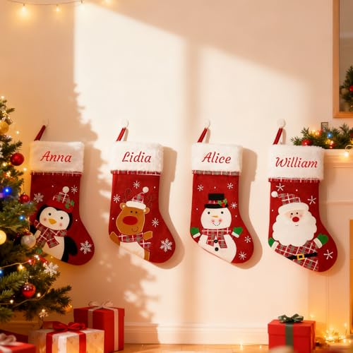 Generisch Personalisiert Weihnachtsstrumpf Roter 48 cm | Mit Namensstickerei, Nikolausstrumpf mit Weihnachtsmann, Schneemann, Rentier & Pinguin, Familien-Weihnachtsdeko, 18.8 Zoll