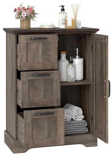 GIANTEX Bodenschrank im Bauernhausstil, Badezimmerschrank mit Scheunentür, 2 Ablagen & 3 Schubladen, freistehender Aufbewahrungsschrank für Wohnzimmer, Küche & Esszimmer, 60 x 30 x 80 cm (Braun)