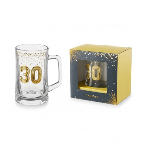 HOX Jarra de cristal para cumpleaños número 30 – Taza de cerveza de 1 pinta regalo para él, vaso de cerveza de celebración premium en caja de regalo, diseño dorado 30