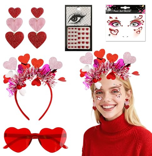 Roter Valentinstag Herz Haarreif Damen Set 5 Teilig, Herz Haarreif mit Herzbrille, Ohrringe, Gesicht Aufkleber & Strass Sticker, Amor Kostüm Accessoires für Frauen Valentinstag Geburtstag Geschenk