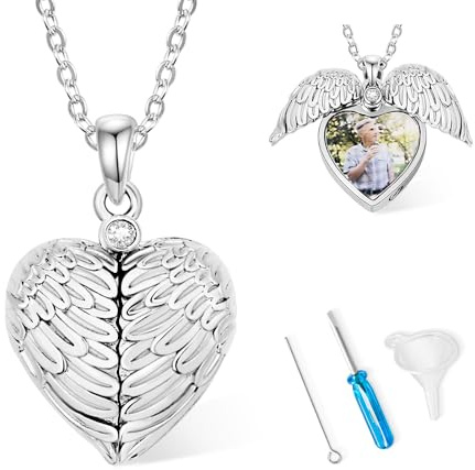 GSTFY Personalisierte Urnen-Halsketten für Asche, Messing, 925er Sterlingsilber, personalisierbar, Engelsflügel-Herz, Foto-Urnen-Halskette für Asche mit graviertem Text, Schmuck, Geburtstag