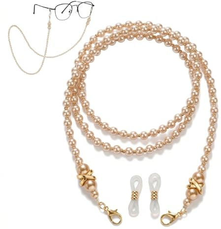 Brillenkette Damen mit Perlen, Elegantes Brillenband & Sonnenbrillenband rutschfest, Hochwertige Brillenhalter Kette für Lesebrille und Sonnenbrille, Modisches Brillenzubehör, Braun