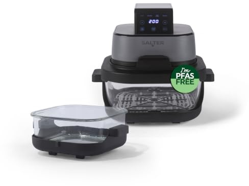 Salter Crisp & Go Freidora aire portátil recipiente vidrio 4 L 1500 W | 2 recipientes 1,5 L para llevar, 4 programas, hasta 200 °C, ventana 360°, vidrio sin PFAS, aptas lavavajillas